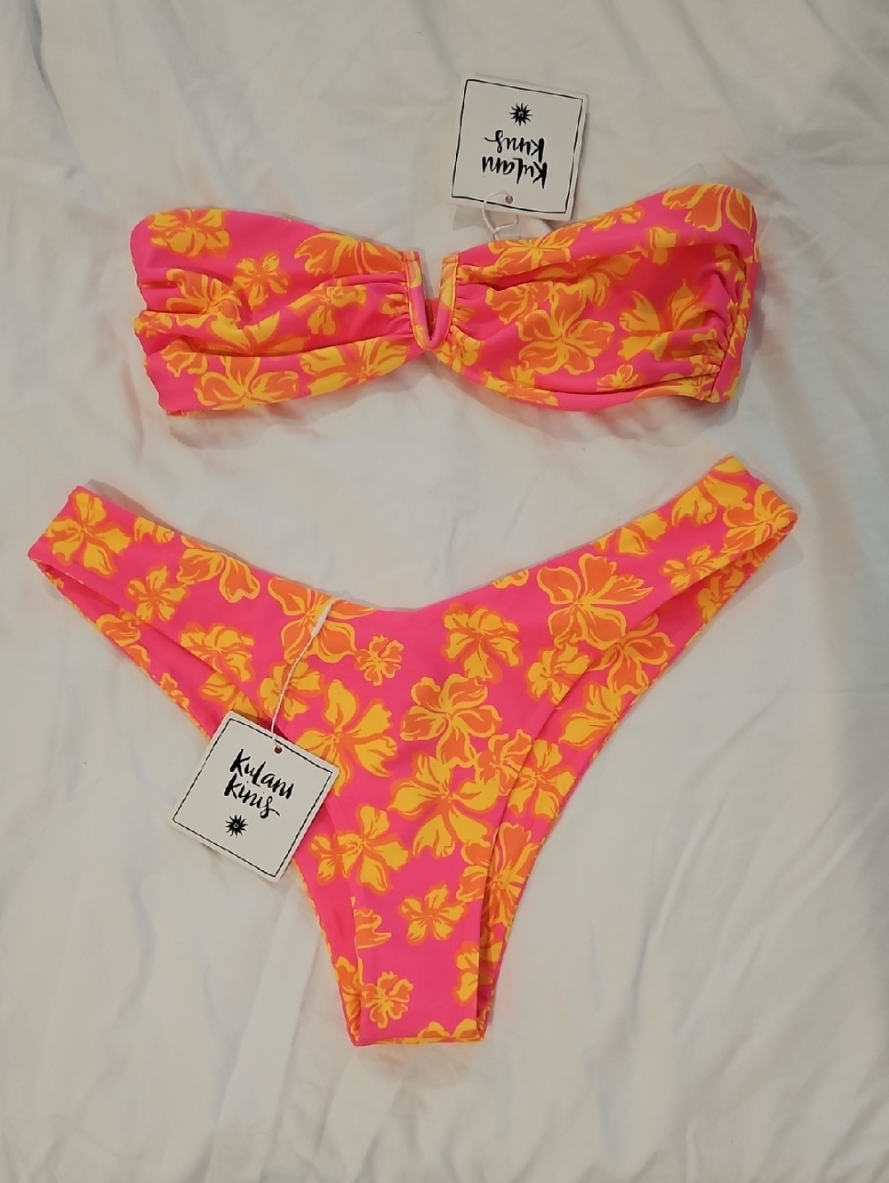 Kulani Kinis Pink and Yellow Floral Bandeau Bikini Set Medium Top, Large Bottoms
